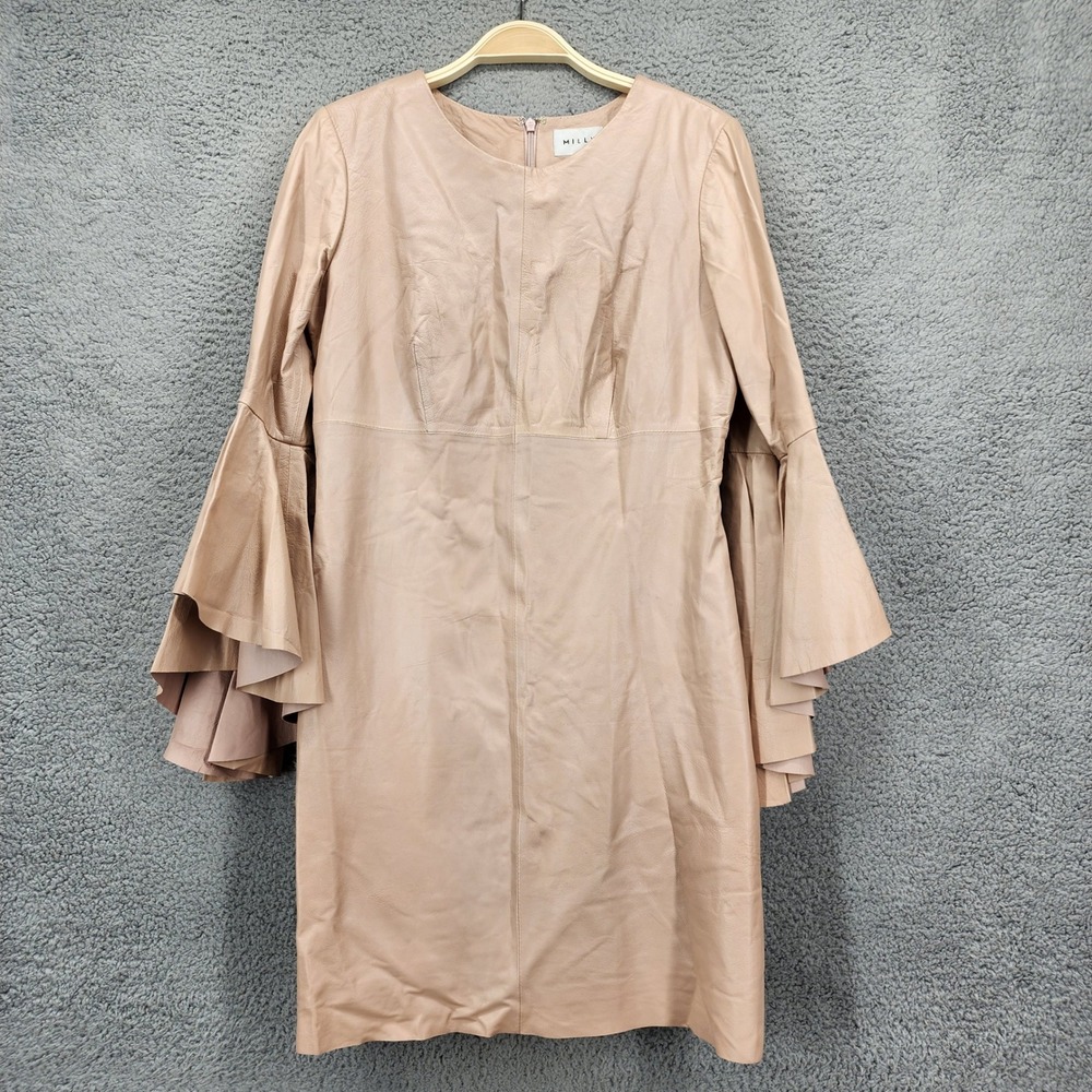 Milly Petal Pink Calf Leather A Line Dress Tiered Bell Sleeve Size 6 NWT